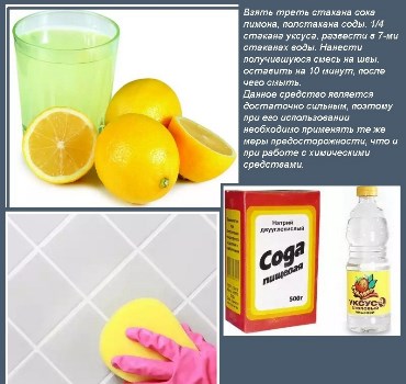 Чистка межкафельных швов содой, уксусом и лимоном