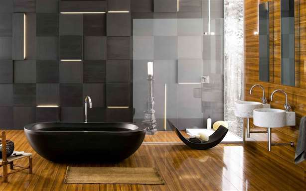 Роскошная ванная комната в черно-коричневых тонах