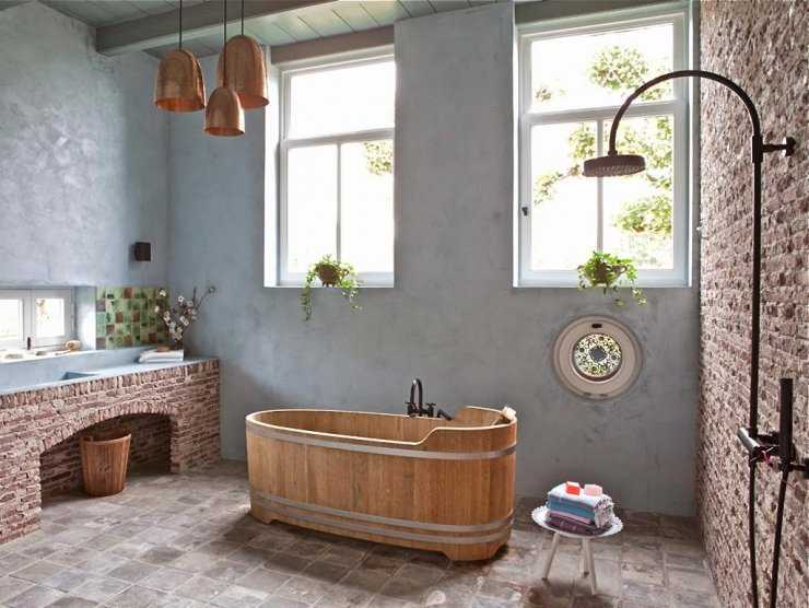 В стиле кантри часто классическая ванна заменяется деревянной кадкой
