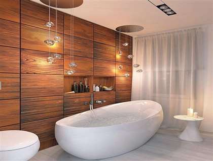 Сантехника совмещенной ванной комнаты расставлена вдоль одной стены