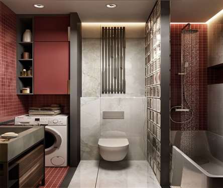 Разные зоны ванной комнаты отделаны разной плиткой